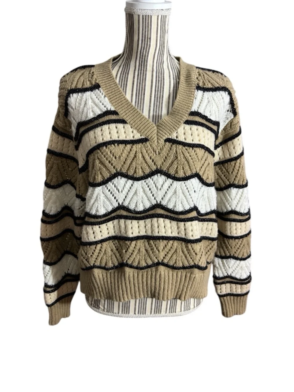 Dear John Boho Knit Sweater Large Neutral Cream Tan Black Metallic Stripe V Neck